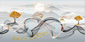 新中式抽象飘带山水麋鹿装饰画