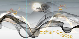 新中式抽象飘带山水麋鹿装饰画