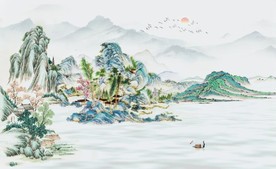 新中式古代水墨山水国画壁画