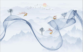 新中式抽象水墨麋鹿山水背景墙