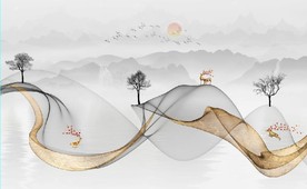 新中式抽象金色水墨山水背景墙