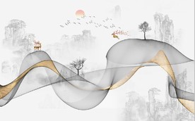 新中式抽象金色水墨山水背景墙