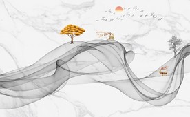 新中式抽象水墨麋鹿山水背景墙