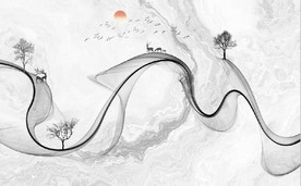新中式抽象水墨麋鹿山水背景墙
