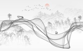 新中式抽象水墨麋鹿山水背景墙