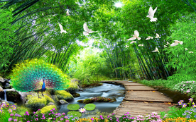 孔雀竹林风景背景墙