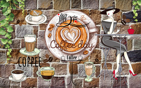 个性砖墙绿藤咖啡馆工装背景墙