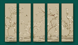 中式花鸟五联挂画