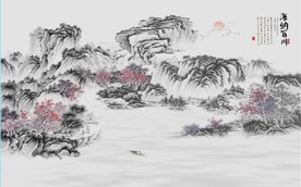 新中式水墨古代山水国画背景墙