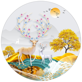 新中式山水麋鹿圆形装饰画