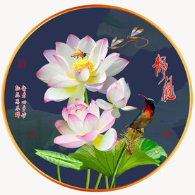 高清园形荷花翠鸟装饰画