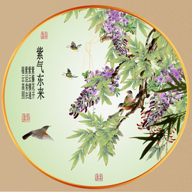 园形紫藤花小鸟装饰画