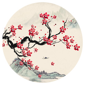 新中式山水红梅圆形装饰画