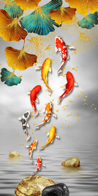 九鱼图银杏叶装饰画