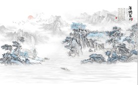 新中式水墨古代山水国画背景墙