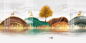 抽象金色麋鹿山水玄关装饰画