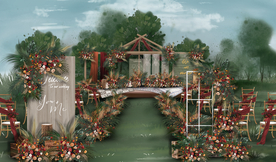 红色户外婚礼仪式区