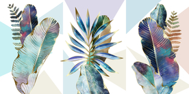 金色热带树叶三联画