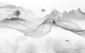 新中式山水水墨画 文件分层画