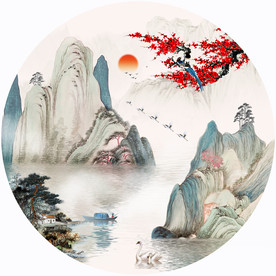 新中式山水圆形装饰画