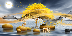 麋鹿发财树三联画