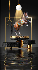 新中式晶瓷金色骏马光影背景墙