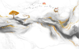 新中式抽象金色麋鹿山水背景墙