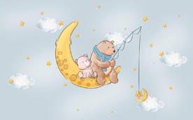 水彩卡通小象月亮儿童房背景墙