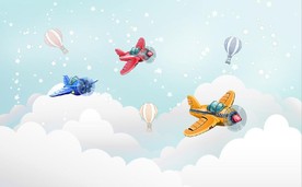 水彩卡通飞机热气球儿童房背景墙