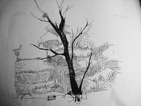 古镇树木田野黑白线稿写生