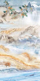 新中式山水大理石复式楼玄关壁画