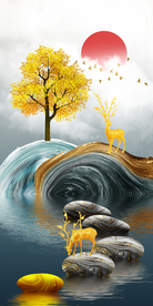 石来运转山水发财树晶瓷玄关画