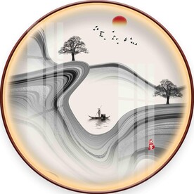 新中式水墨山水圆形装饰画图片