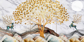 麋鹿杏叶三联画晶瓷画装饰画