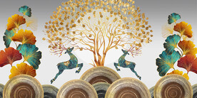 麋鹿杏叶三联画晶瓷画装饰画