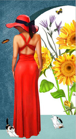 现代风向日葵红裙美女玄关装饰画