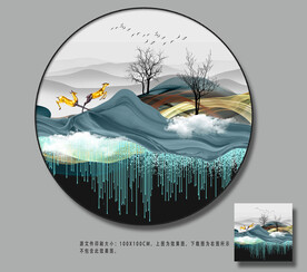 新中式装饰画麋鹿山水线条装饰画