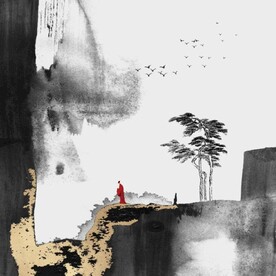 新中式金色水墨禅僧风景装饰画