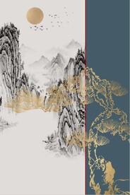 新中式金色水墨山水风景玄关装饰
