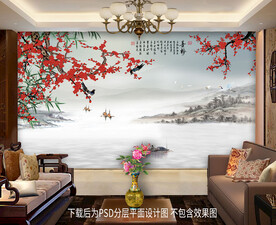 手绘梅花山水背景墙