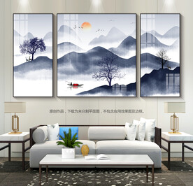 水墨山水画客厅装饰画挂画三联画