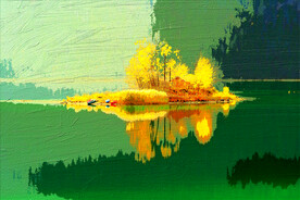 餐厅装饰油画湖心小岛枫树