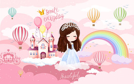 粉色城堡公主马车彩虹儿童房背景