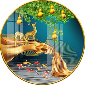 金色麋鹿圆形葫芦九鱼装饰画图片