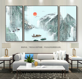 中国风山水画客厅装饰画三联画