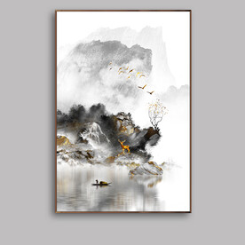 新中式抽象水墨麋鹿玄关山水画