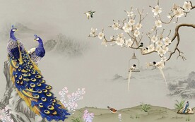 新中式孔雀花鸟山水意境背景墙