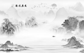 别墅新中式山水图 文件分层画