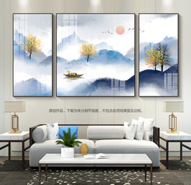 新中式山水画水墨画三联画挂画