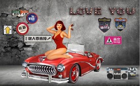 3D欧美风汽车美女酒吧背景墙
